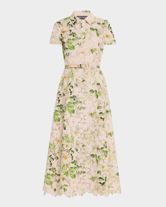 Printed Lace Belted Midi Polo Shirtdress